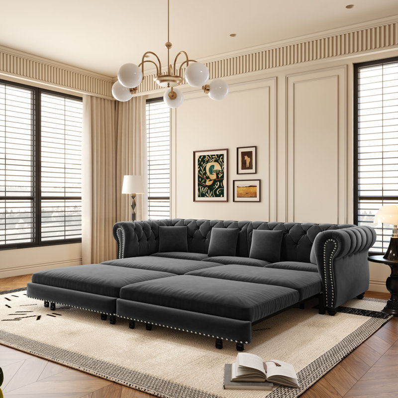 Canapé-lit gigogne convertible 3 en 1 de 89 po en velours Chesterfield, Gris