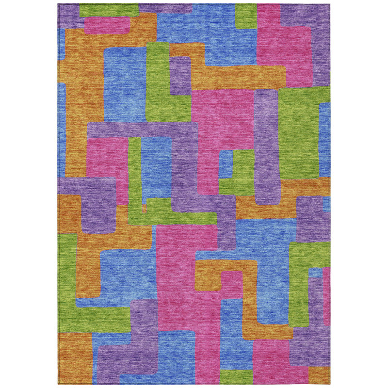 Tapis extérieur lavable abstrait mauve rose et bleu 5 pi x 8 pi