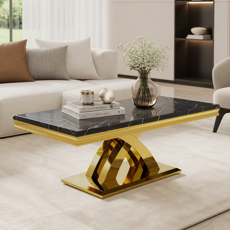 Table basse luxueuse noire et dorée de 48 po avec base en métal en forme de X