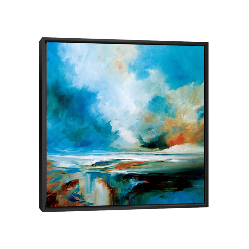 Aqua Haze, peinture sur toile tendue, H 18 po x l 18 po x P 1,5 po, Toile avec cadre noir, Pas de tapis