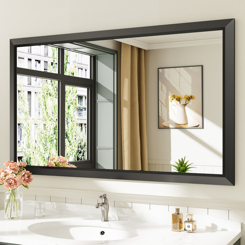Miroirs de salle de bain modernes et contemporains en métal biseauté rectangulaire / carré avec verre trempé HD, Noir mat