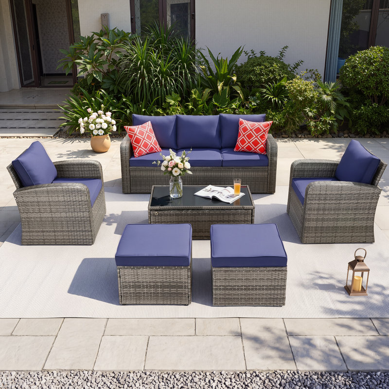 Ensemble de sièges de 6 pièces avec coussins, Coussin bleu / cadre gris