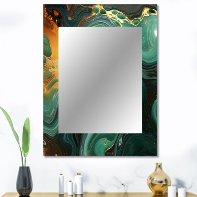 Abstrait vert et or Marble River II - miroir en marbre, miroir mural décoratif vert, impression sur métal