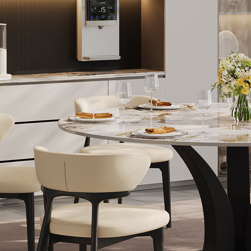 59'' Round Dining Table, Modern White Glossy Faux Marble Tabletop Dining Table with Flower-Shaped Carbon Steel Base