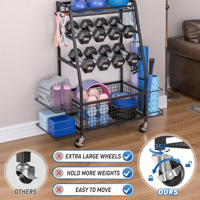 Weight Rack for Dumbbells - Widened Home Gym Storage Rack - Dumbbell Rack with 4 Flexible Wheels and Unique Storage on Both Sides