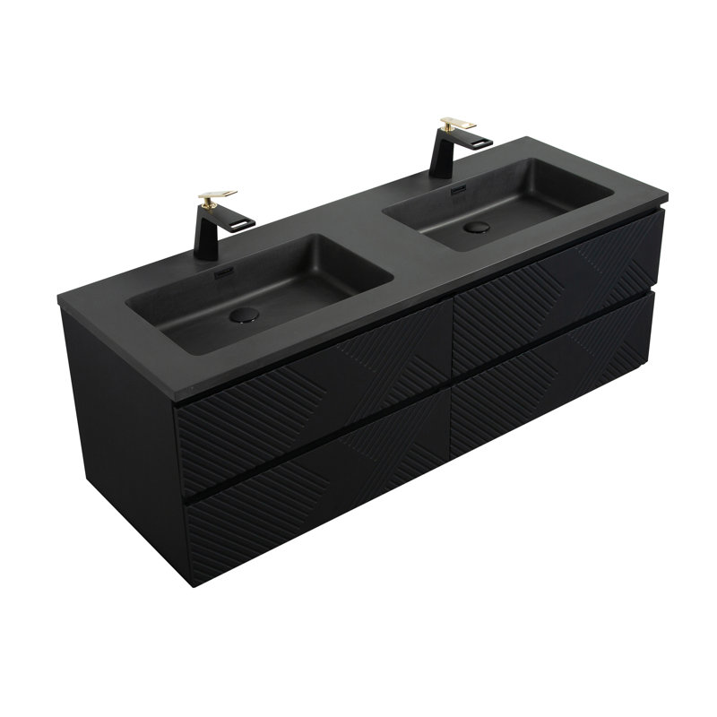 Georgiane 72 po L x 21 po P 4 tiroirs Meuble-lavabo mural avec évier double et Comptoir en Quartz noir
