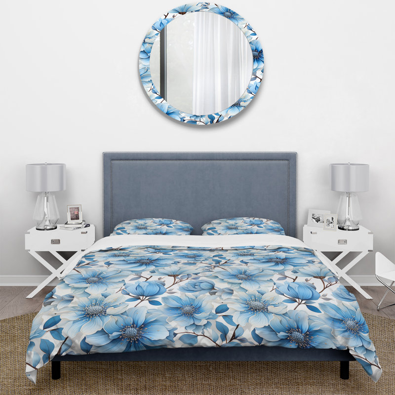 Ensemble de housse de couette motif floral bleu et blanc Dream II, Housse de couette simple + 1 taie décorative stan