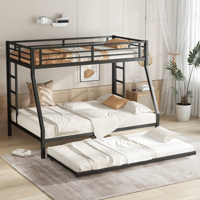 Metal Bunk Bed with Twin Trundle, Sturdy Frame with Guardrails and Ladder, Space-Saving Design, Black, Twin Over Full