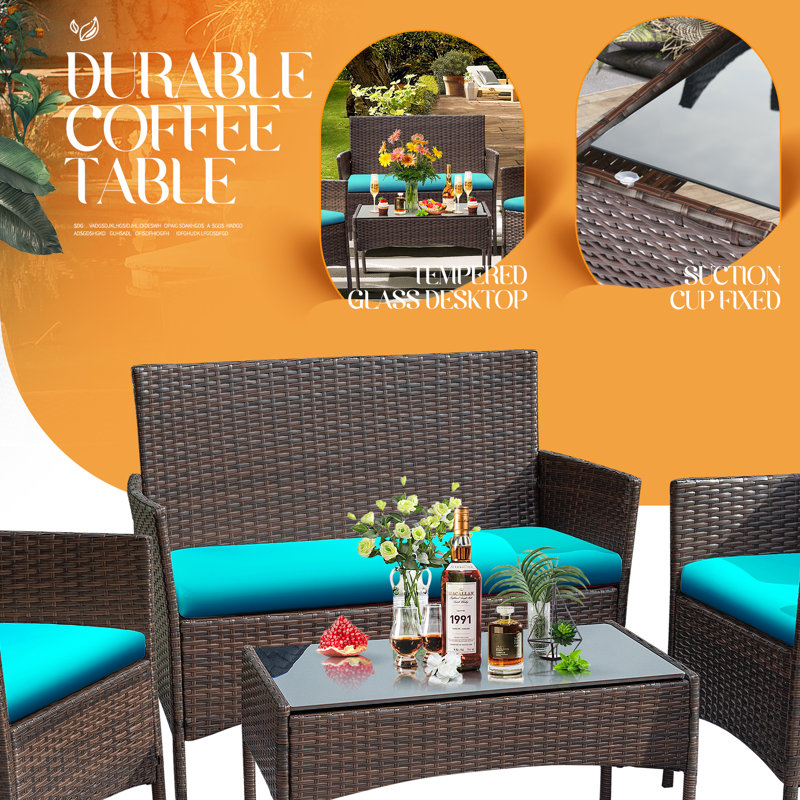 Rifiki 4 - Person Patio Conversation Sets with Cushions, Brown, Blue