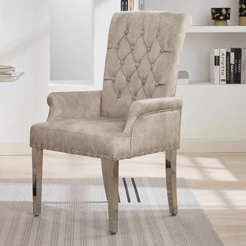 Tufted Upholstered Dining Armchair with Chrome Legs, Beige