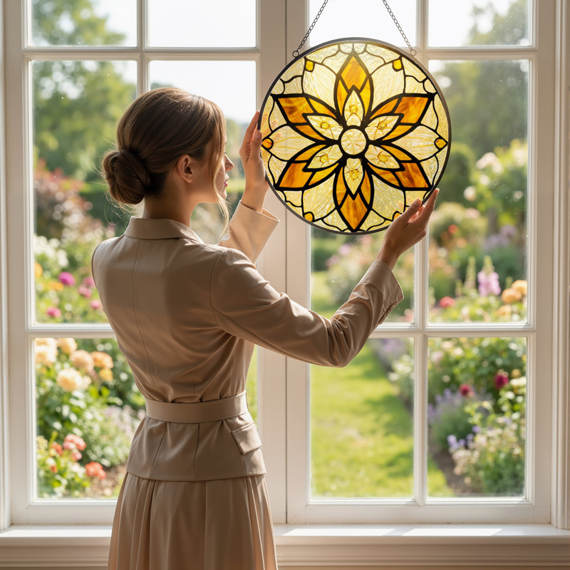 Panneau de vitrail à motif floral, 12" H x 12" W