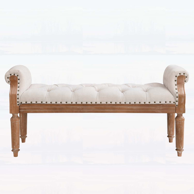 Banc rembourré en bois massif de style Mid-Century avec accoudoirs roulés, repose-pieds capitonné classique pour la chambre et le vestibule, beige