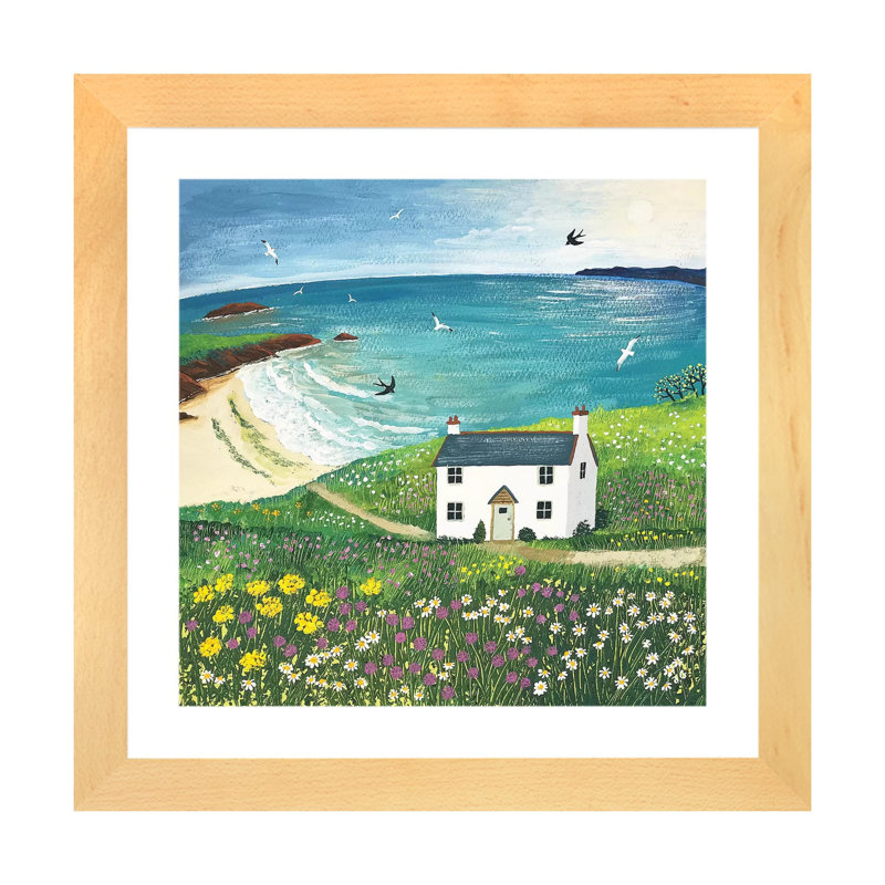 "Seaside cottage" par Jo Grundy, reproduction d’art, Toile avec cadre en bois beige, Blanc, H 16 po x l 16 po x p 1 po