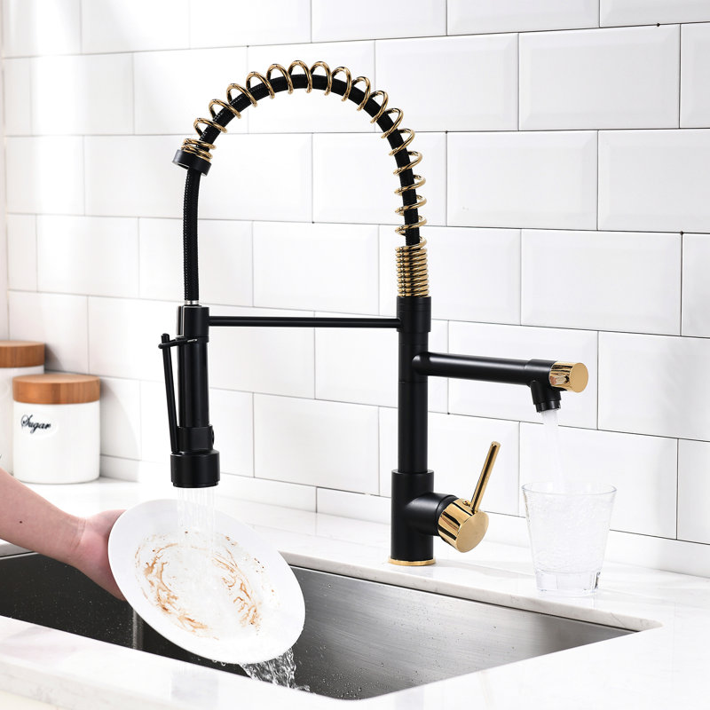 Contemporary Kitchen Sink Faucet With Pull-Down , Matte Black & Gold, 360 Degree Rotation, Single Lever For Improvement Commercial + Handle, Rotation Sinks