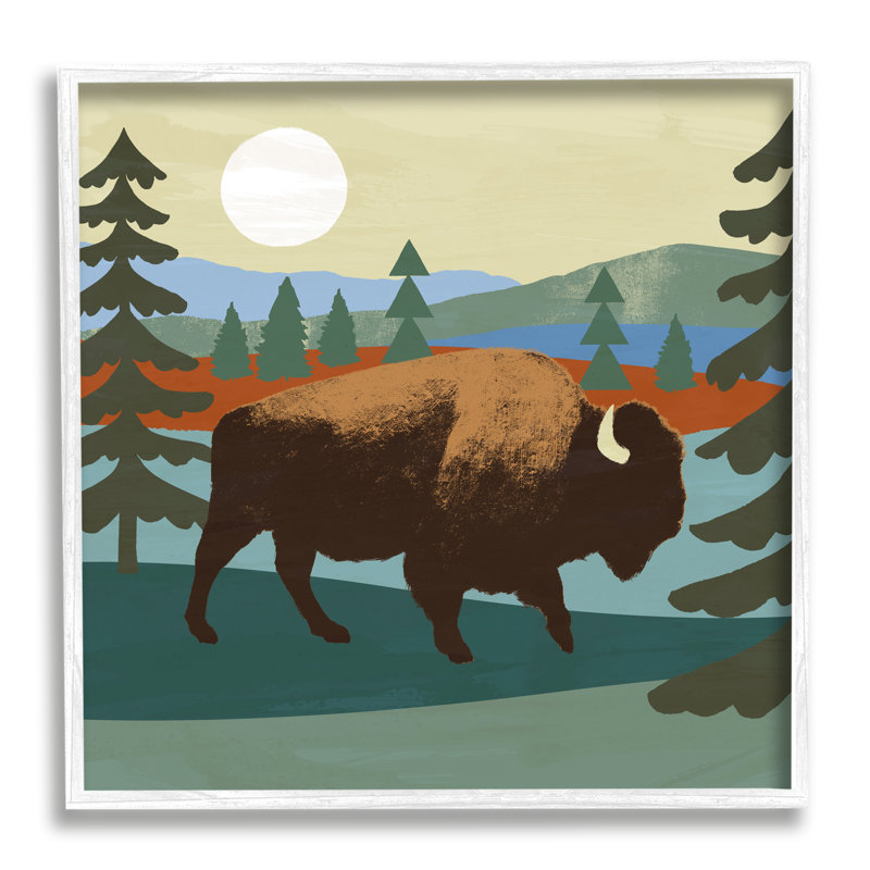 «Sunny Wild Bison Woodlands Lake Trees Collage» par Victoria Barnes - impression, H 17 po x l 17 po x P 1,5 po
