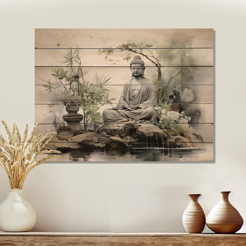 Zen Garden I - Bouddhisme, art mural sur bois de pin naturel, H 10 po x l 20 po
