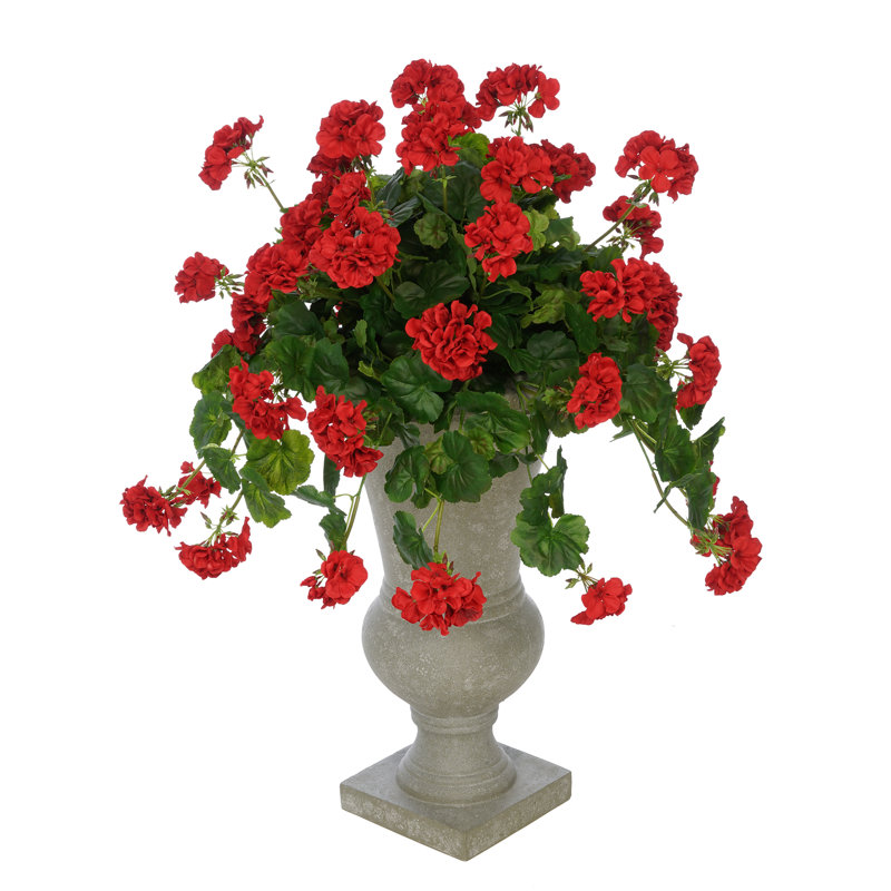 White Faux Geraniums in Gray Roman Urn Planter