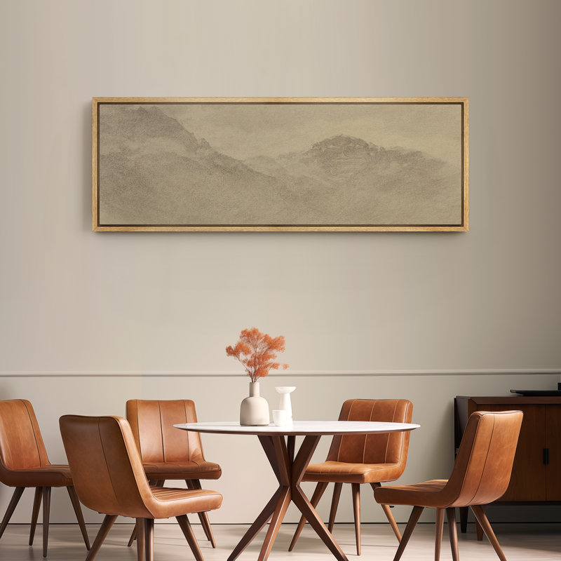 Monochrome Misty Mountains Large Framed Canvas Print Wall Art - Subtle Landscape Decor, 20" H x 60" W, Natural