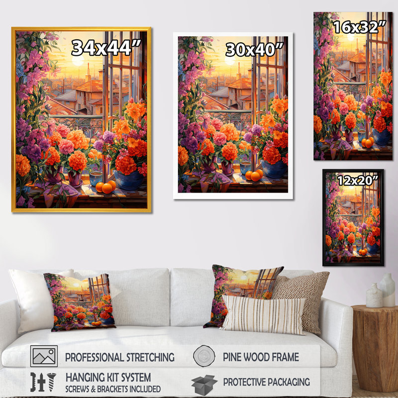 «Sunset Florals Windows View In Italy II», art mural floral, H 20 po x l 12 po x P 1 po, Cadre simple argenté