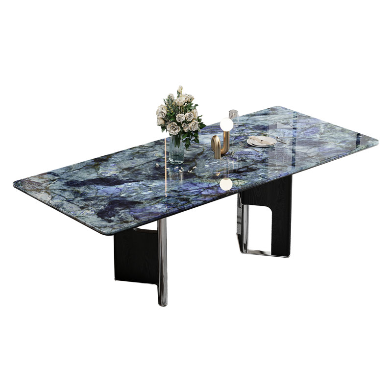 79" Luxury Blue Faux Marble Modern Rectangular Dining Table for 6,Stainless Steel Base