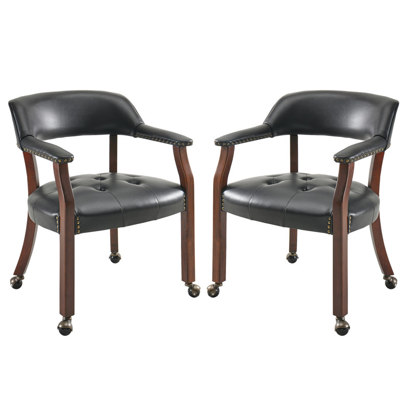 Swivel Tufted Dining Chairs With Casters And Arms, Black, Espresso Wood