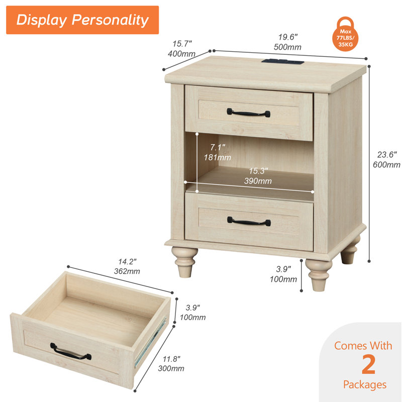 Ensemble de 2 tables de chevet avec 2 tiroirs et tablette ouverte Agathy, Beige