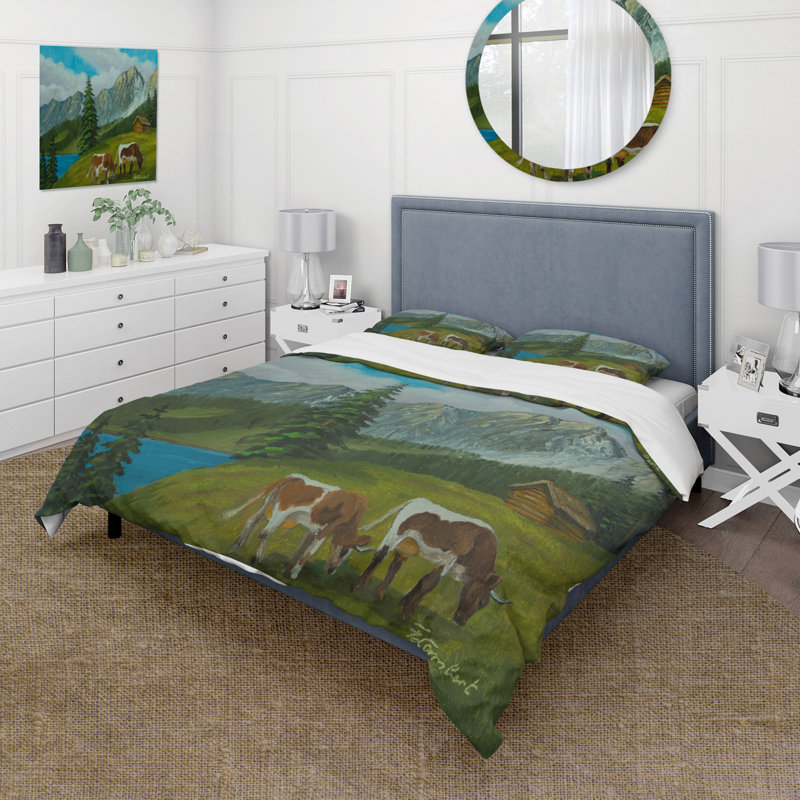 Paysage de montagne avec des vaches sur un pré vert - ensemble de housse de couette de ferme - polyester en microfibre