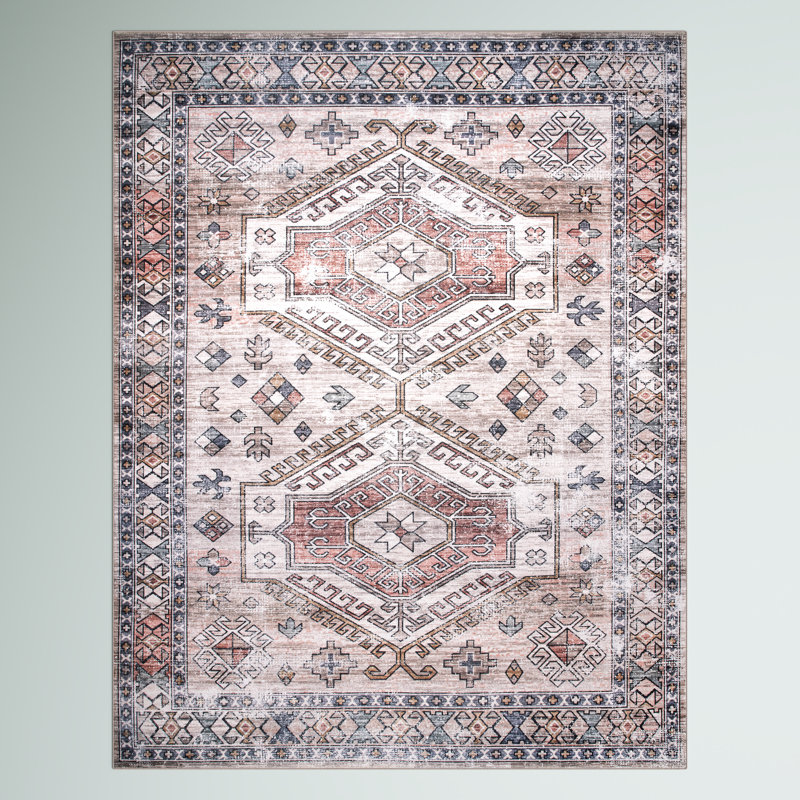 Otis Medallion Machine Washable Area Rug for Living Room Bedroom Dining Room Kitchen, Peach/Ivory, Rectangle 4' x 6'