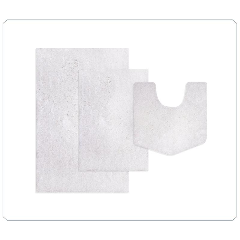 Elegance Bathroom Rug Mat Set 3 Piece, Microfiber Shaggy Bath Set, Non-Slip Ultra Soft Carpet Mats, Absorbent with U-Shaped Toilet for Bathroom, Tub, Shower, White