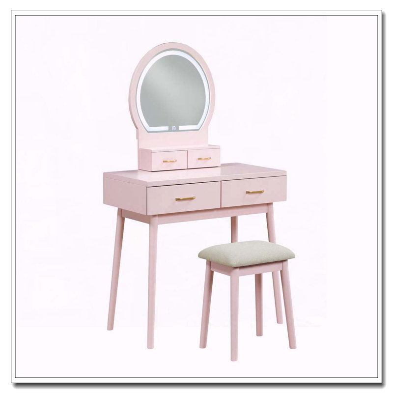 Pink Finish Vanity Dresser with Mirror, Stool and Storage Drawers, Pink