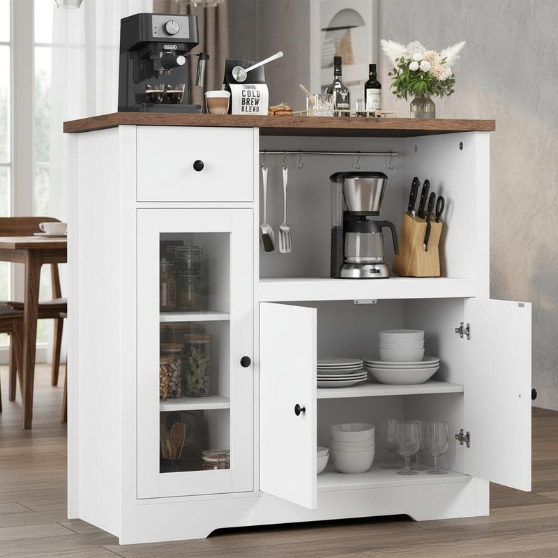 Kitchen Microwave Cabinets with Storage, Buffet Cabinet Sideboard with 3 Doors, 1 Drawer and Adjustable Shelves, Pantry Storage Cabinet for Kitchen, Dining Room, Living Room