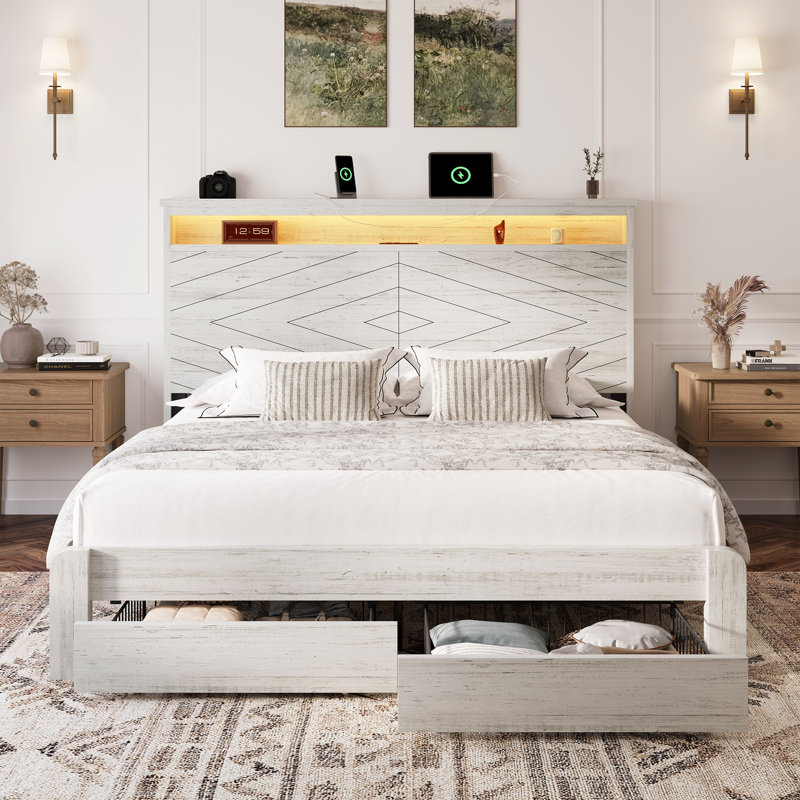 Metal Bed Frame With 2-Tier Storage Headboard,  2 Storage Drawers, Built In Charging Station & Led, Queen