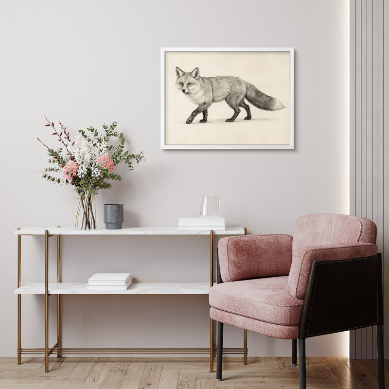 Minimal Fox Sketch Framed Wall Art Prints - Black and white fox, for office, H 12 po x l 16 po, Blanc
