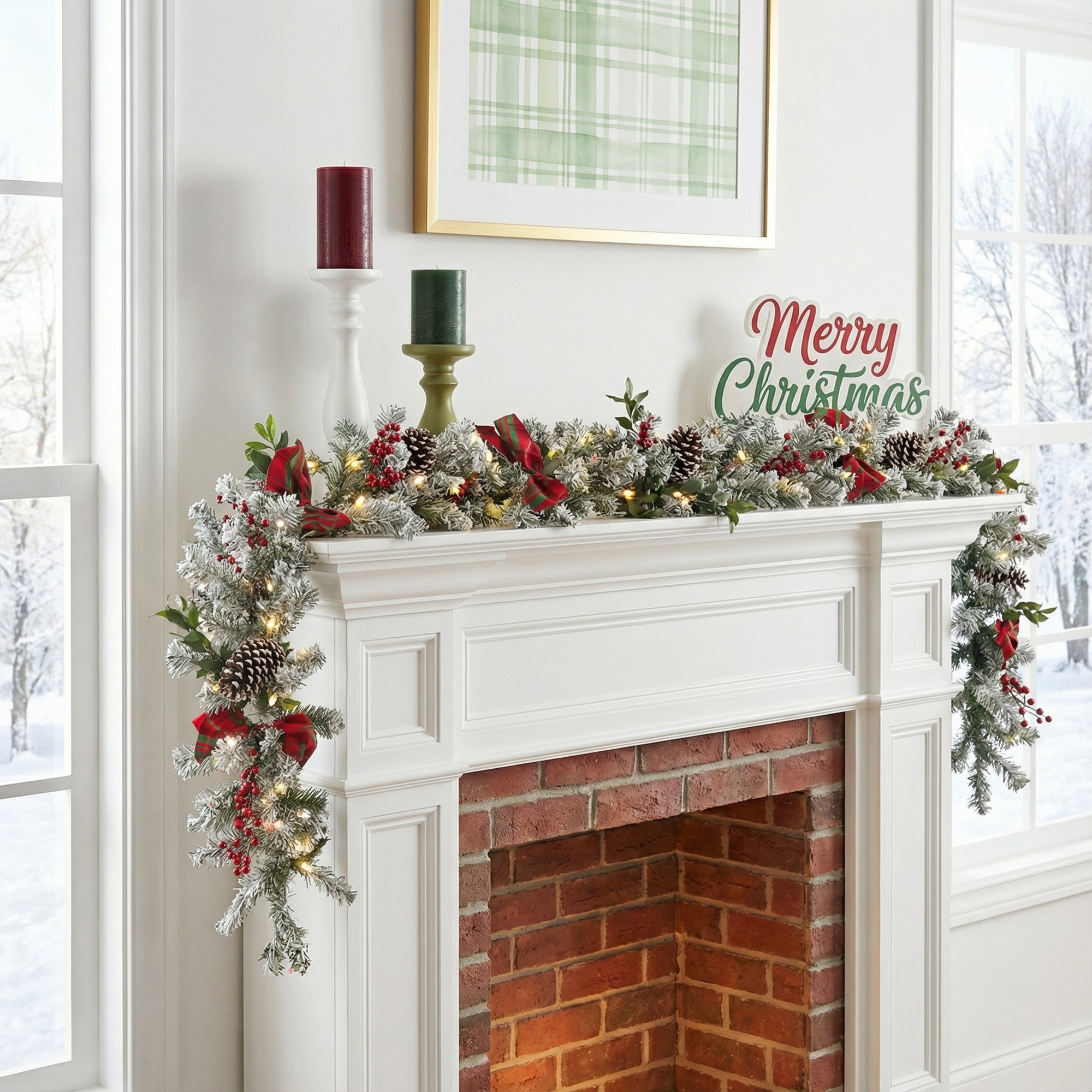 The Holiday Aisle® 9 ft. General Store Snowy Garland with LED Lights and Bows