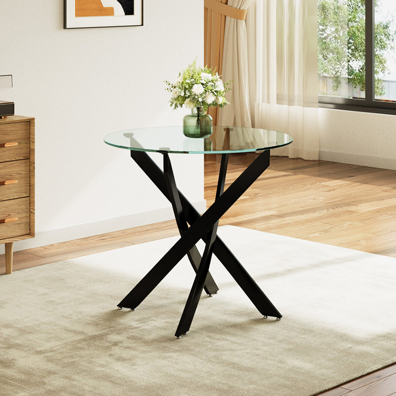 Round Glass Top Metal Base Dining Table, 75cm H x 80cm W x 80cm D
