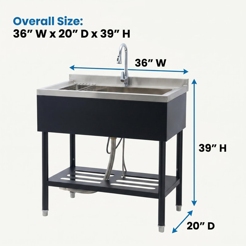 Évier de buanderie autoportant en acier inoxydable avec robinet rétractable pour la cuisine et le jardin