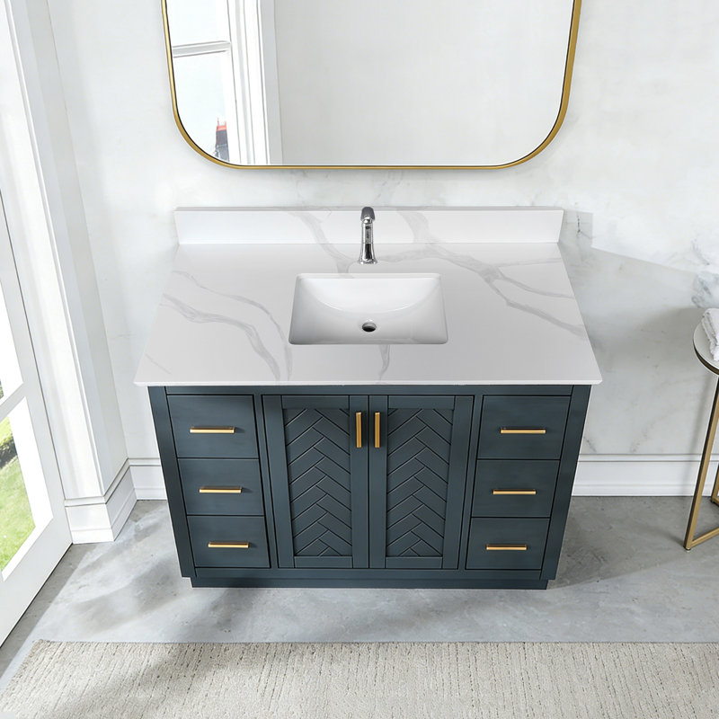 Meuble-lavabo en quartz blanc de 43 pouces pour salle de bain, lavabo encastré, dosseret de 4 pouces, un trou pour robinet, comptoir facile à nettoyer et à entretenir avec un seul trou prépercé, idéal pour la rénovation.