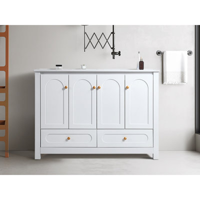 48" White Bathroom Vanity Ceramic Sink - Abundant Storage Cabinet With 4 Soft-Close Doors And 2 Drawers Strong Solid Wood Construction Elegant Basin For Effortless Maintenance Functionality A Serene