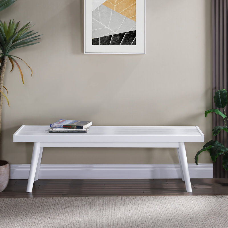 Banc blanc avec base à lattes en bois massif et plateau de style