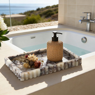 Natural Marble Tray With Fluted Edge, Hand-Carved Real Stone Vanity Tray For Bathroom And Kitchen Counter, Large Decorative Serving Tray For Home Decor, Dresser, And Organization