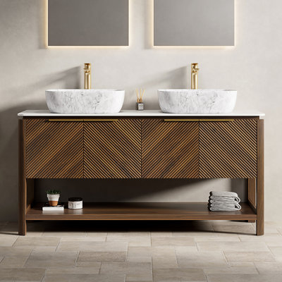 Canal 60" Freestanding Bathroom Vanity with Dual Vessel Sinks & Sintered Stone Top