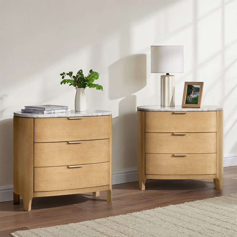 Burdine Giselle Modern 28" W 3 Drawer Solid Wood Nightstand with Marble Top and Oak Veneer, Natural