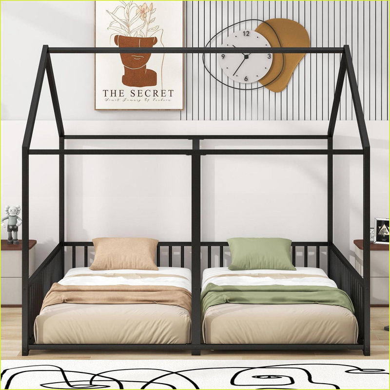 Structure de lit plateforme simple et simple en métal - deux lits partagés avec design maison, aucun sommier nécessaire, noir pour les chambres familiales