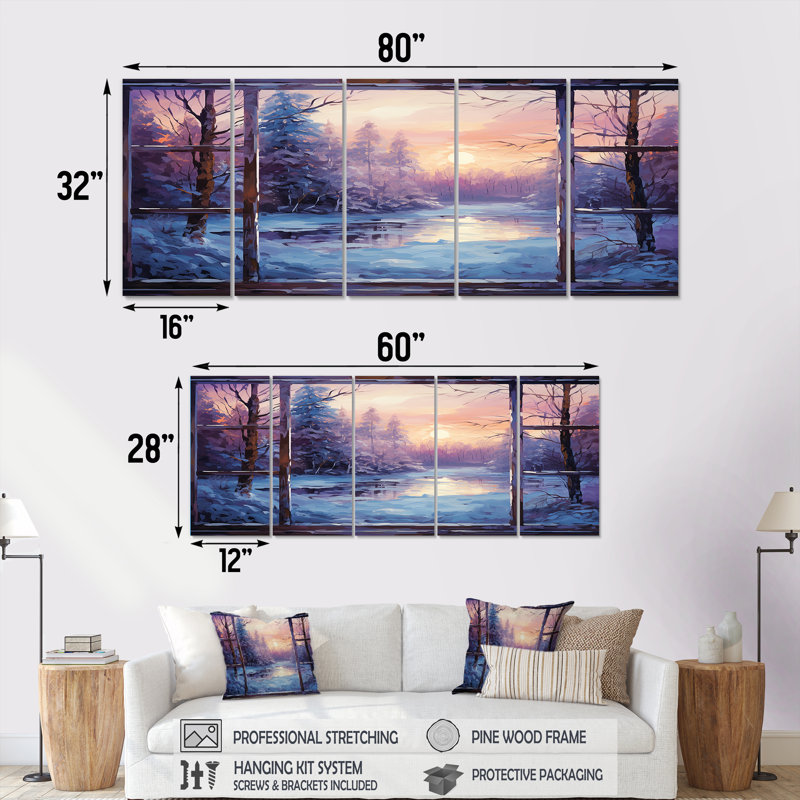 «Purple River Winter Windows II - Winter Landscape», ensemble d'art mural 5 pièces, H 28 po x l 60 po