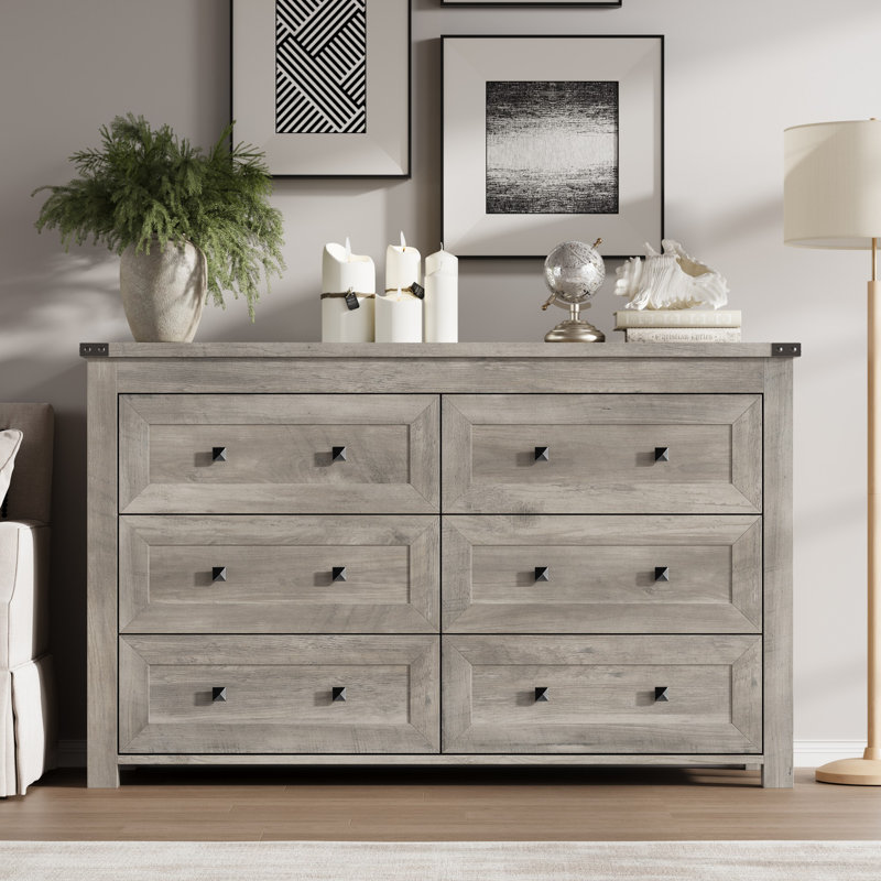 Jaretssi 6 - Drawer Double Dresser 42.7' W, Chest of Drawers with Metal Square Handle, Gray Oak//Black