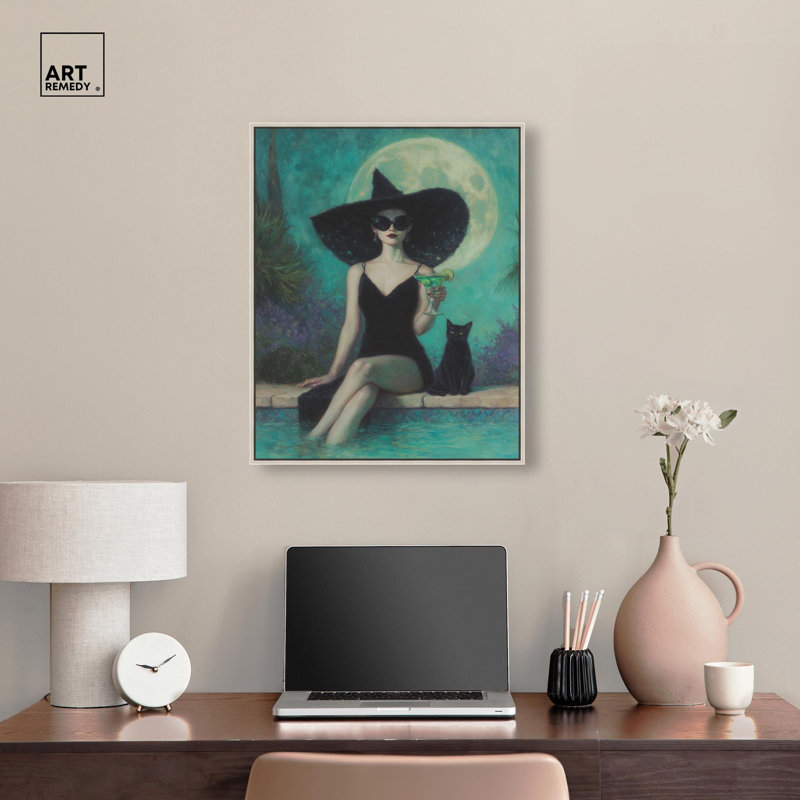 «Witchy Poolside», reproduction d'Halloween par Art Remedy, cadre argenté, 20 x 24, H 25 po x l 21 po, Cadre argenté