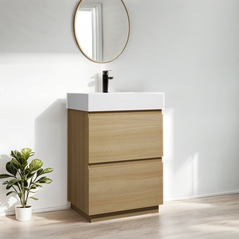 24"Bathroom Vanity Resin Sink with Double drawer, Oak 