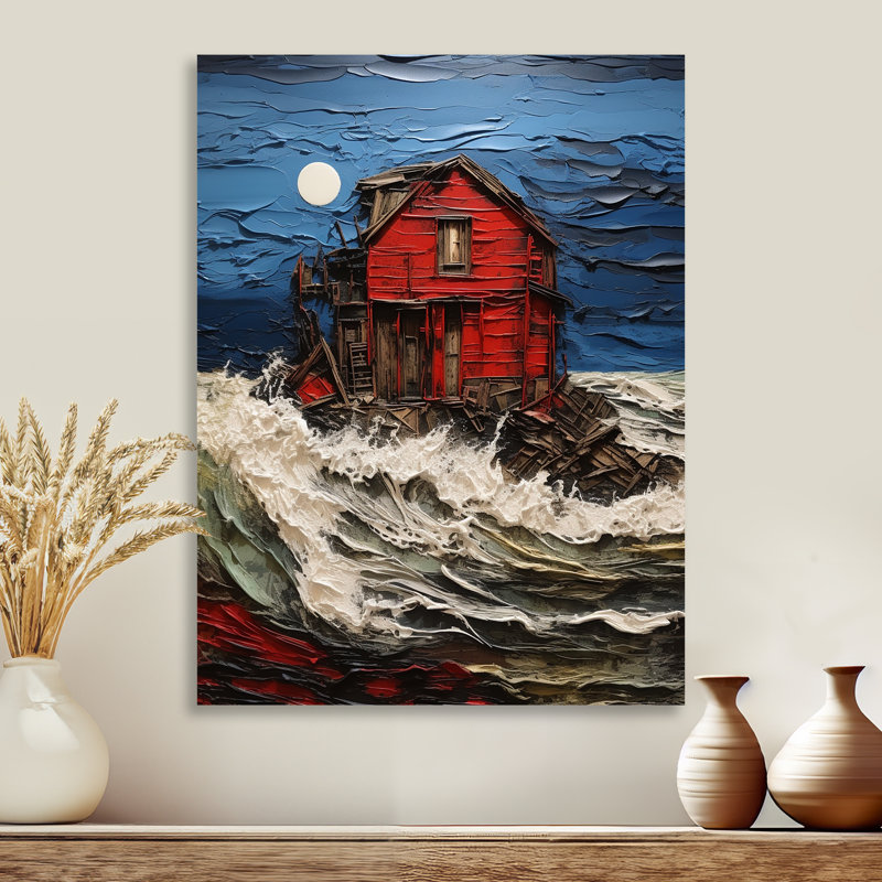 Red Beach House Wild Waves Full Moon I - impression d'art mural plage et océan, Métal métal, H 40 po x l 30 po x P 1,5 po