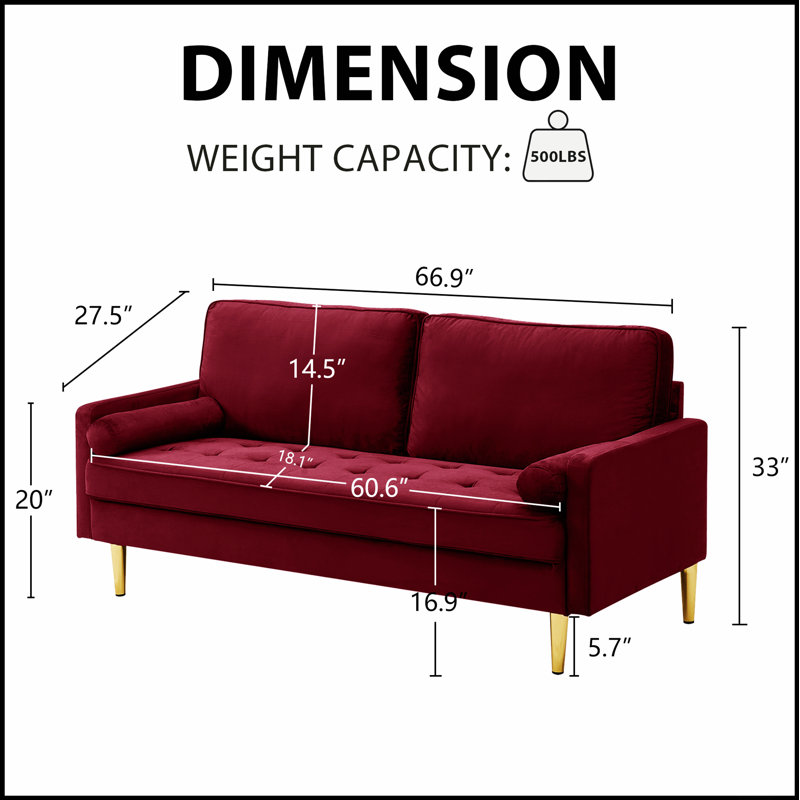 65-Inch Minimalist Velvet Sofa With Metal Legs, Comfortable And Stylish For Modern Living Rooms And Bedrooms, Red