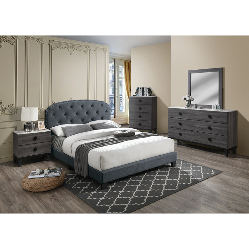 Lit plateforme capitonné Jaquavien, Gris anthracite, Complet/Double